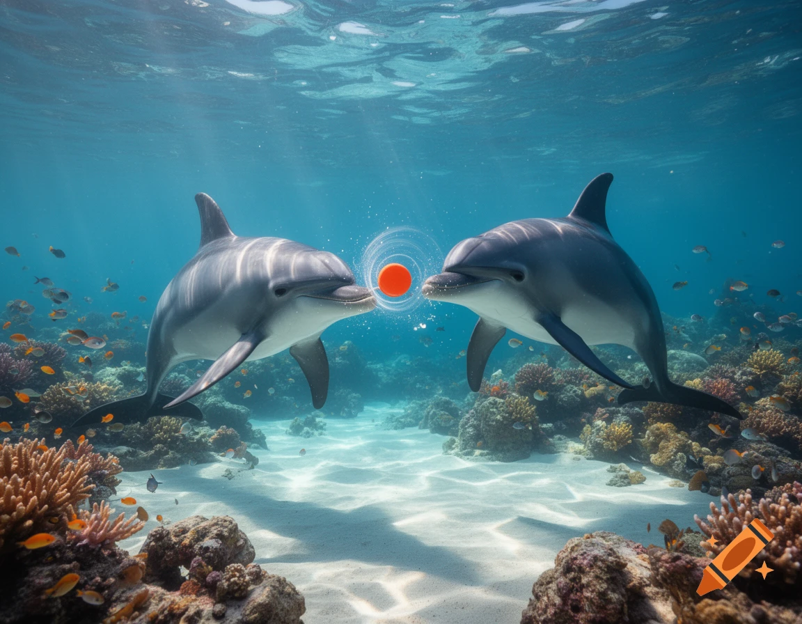 Two dolphins face each other underwater, surrounded by colorful coral and fish, interacting with a glowing orange sphere.