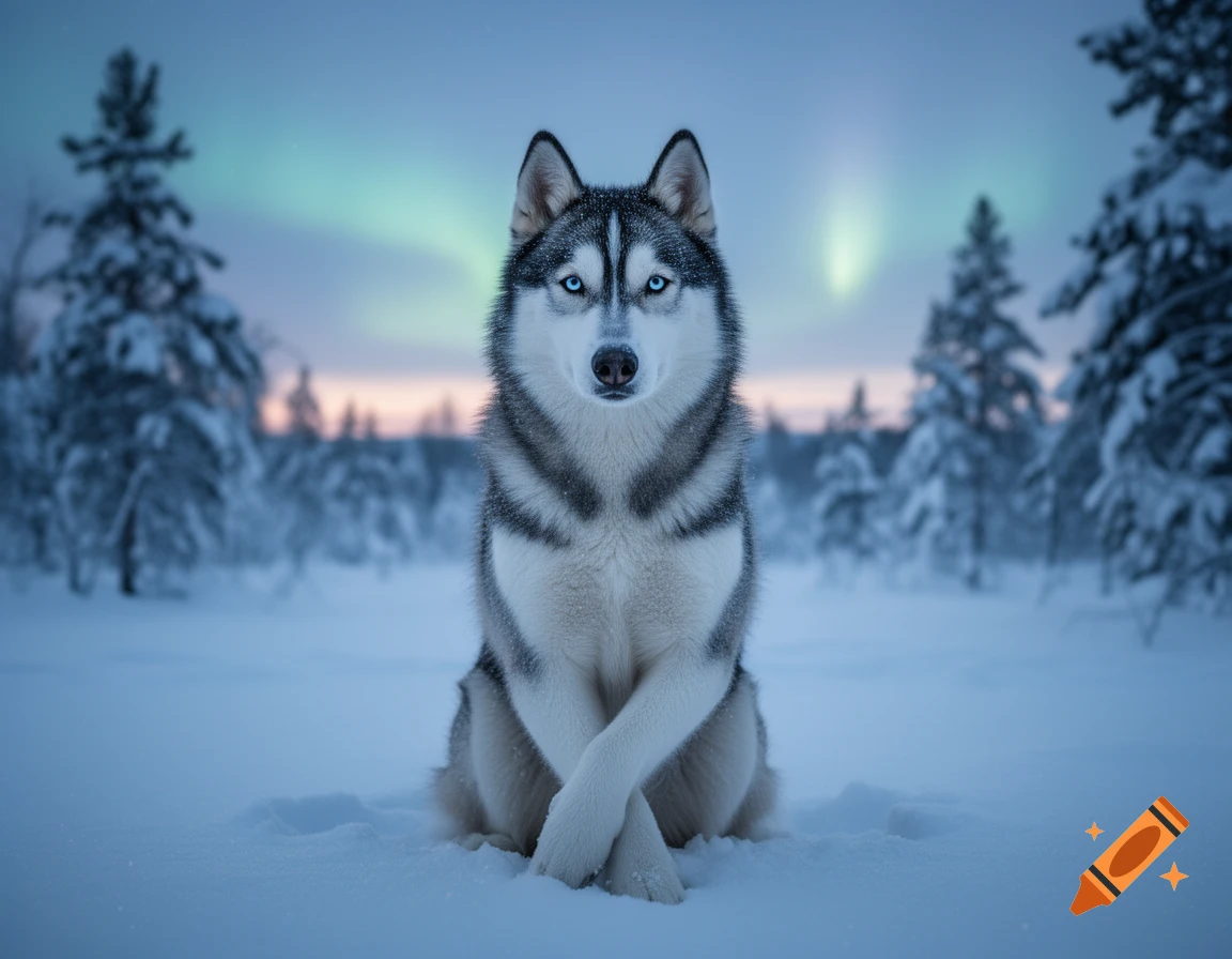 A Siberian husky with blue eyes sits with crossed front paws in a snowy winter landscape under the aurora borealis.