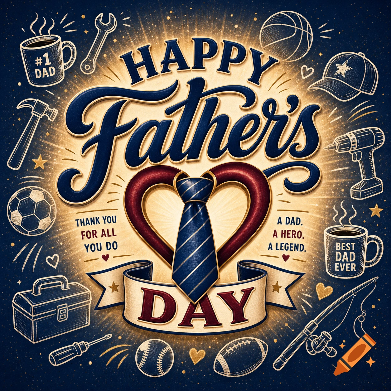 Happy Father's Day illustration with central text, a tie, and surrounded by line art of tools, sports equipment, and coffee mugs on a dark blue background.