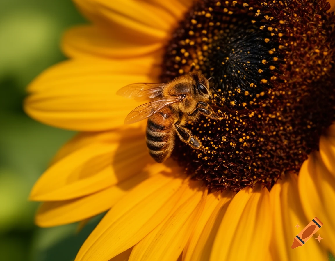 A close-up, sharp photograph of a bee covered in pollen, foraging on the dark center of a bright yellow sunflower.