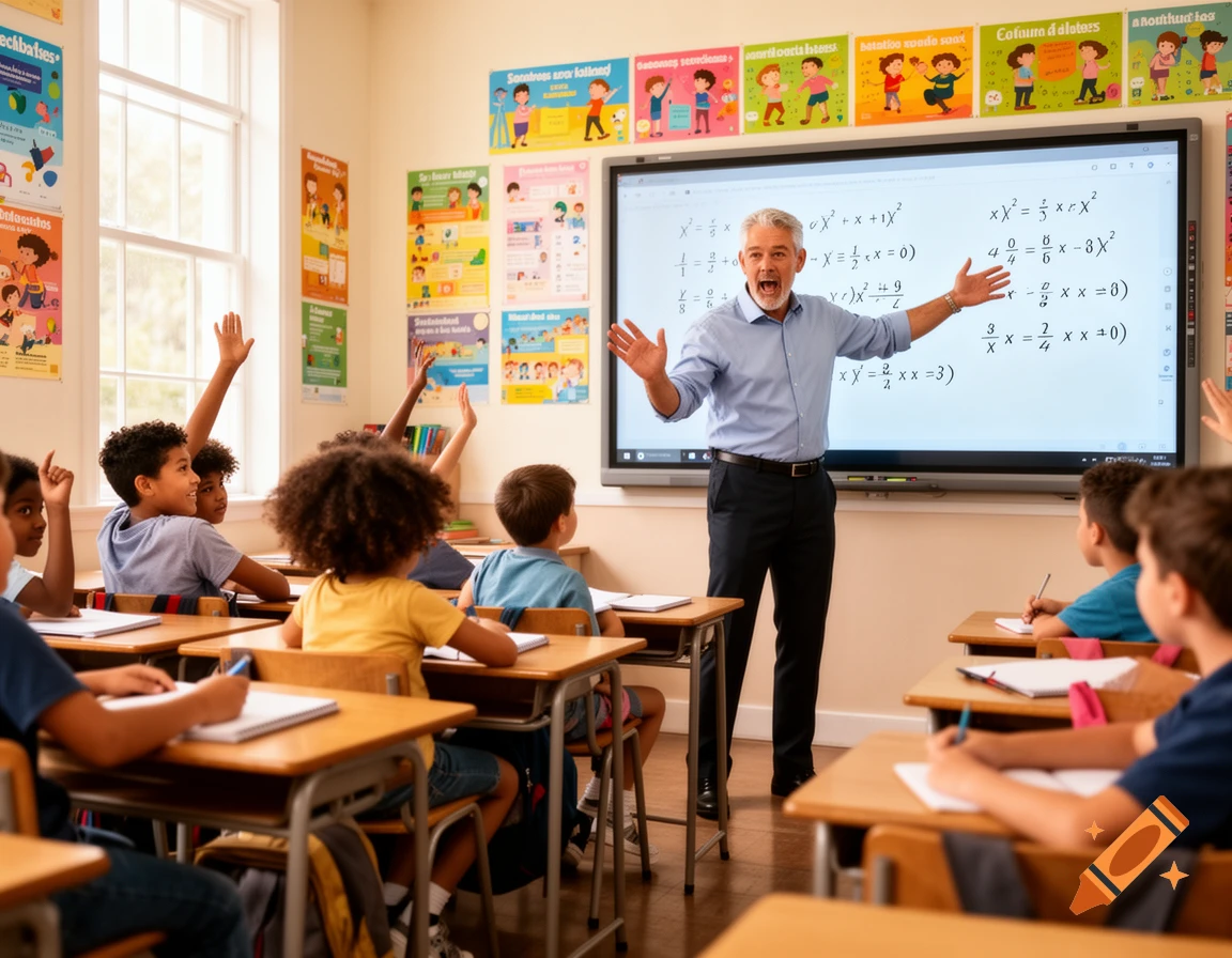 A smiling male teacher with outstretched arms teaches math equations on a smart board to diverse students raising hands in a bright classroom.