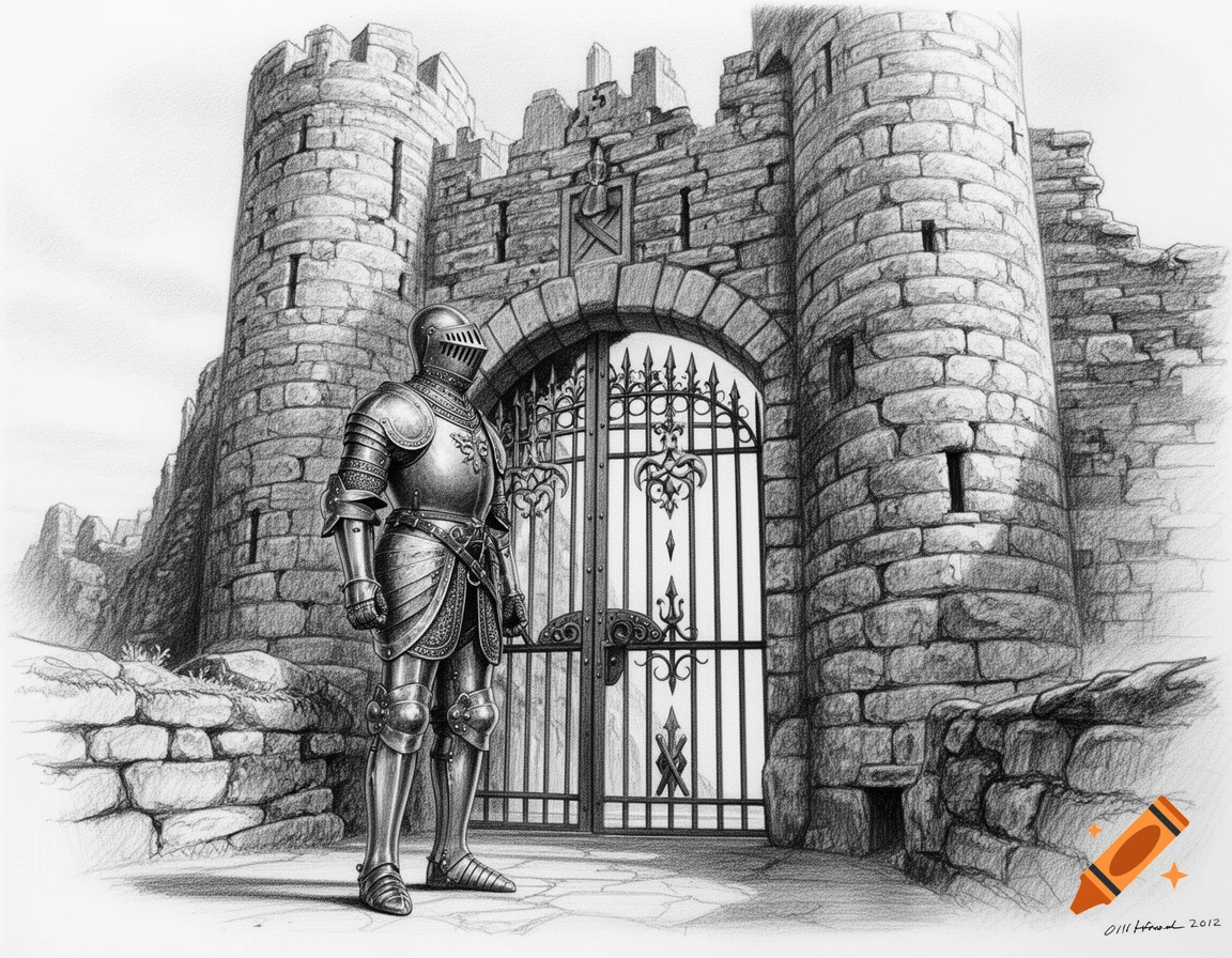 Pencil drawing of a knight in full armor standing guard in front of a medieval castle gate.