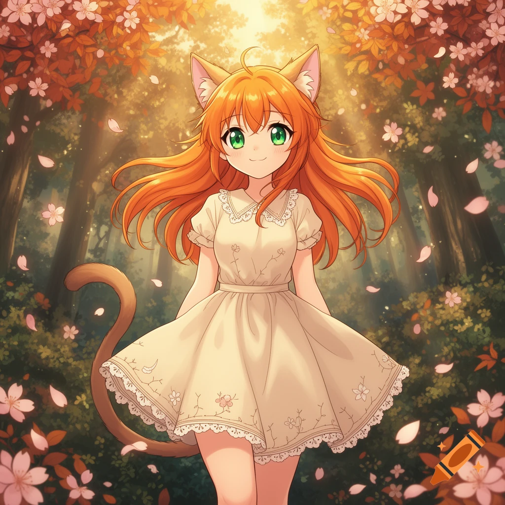 An anime cat girl with long orange hair and green eyes wears a white dress, standing in an autumn forest with falling cherry blossoms.