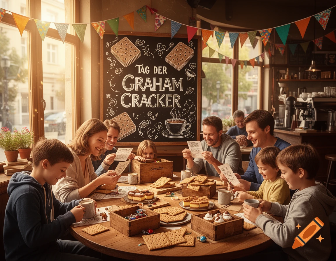 A family celebrates "Graham Cracker Day" in a sunny cafe, eating graham crackers and cakes at a wooden table.
