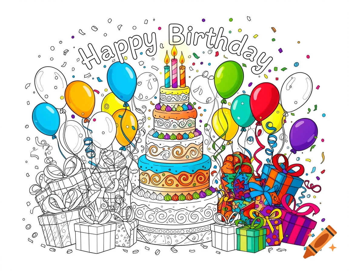 A Happy Birthday coloring page featuring a multi-tiered cake with candles, colorful balloons, and wrapped gifts, with some parts colored.