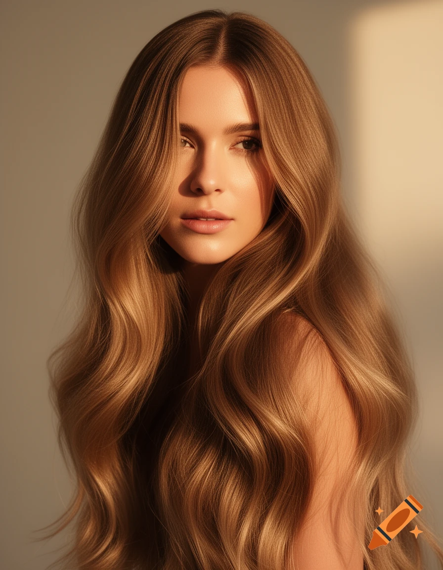 Photorealistic portrait of a woman with long, wavy light brown hair, illuminated by golden hour sunlight.