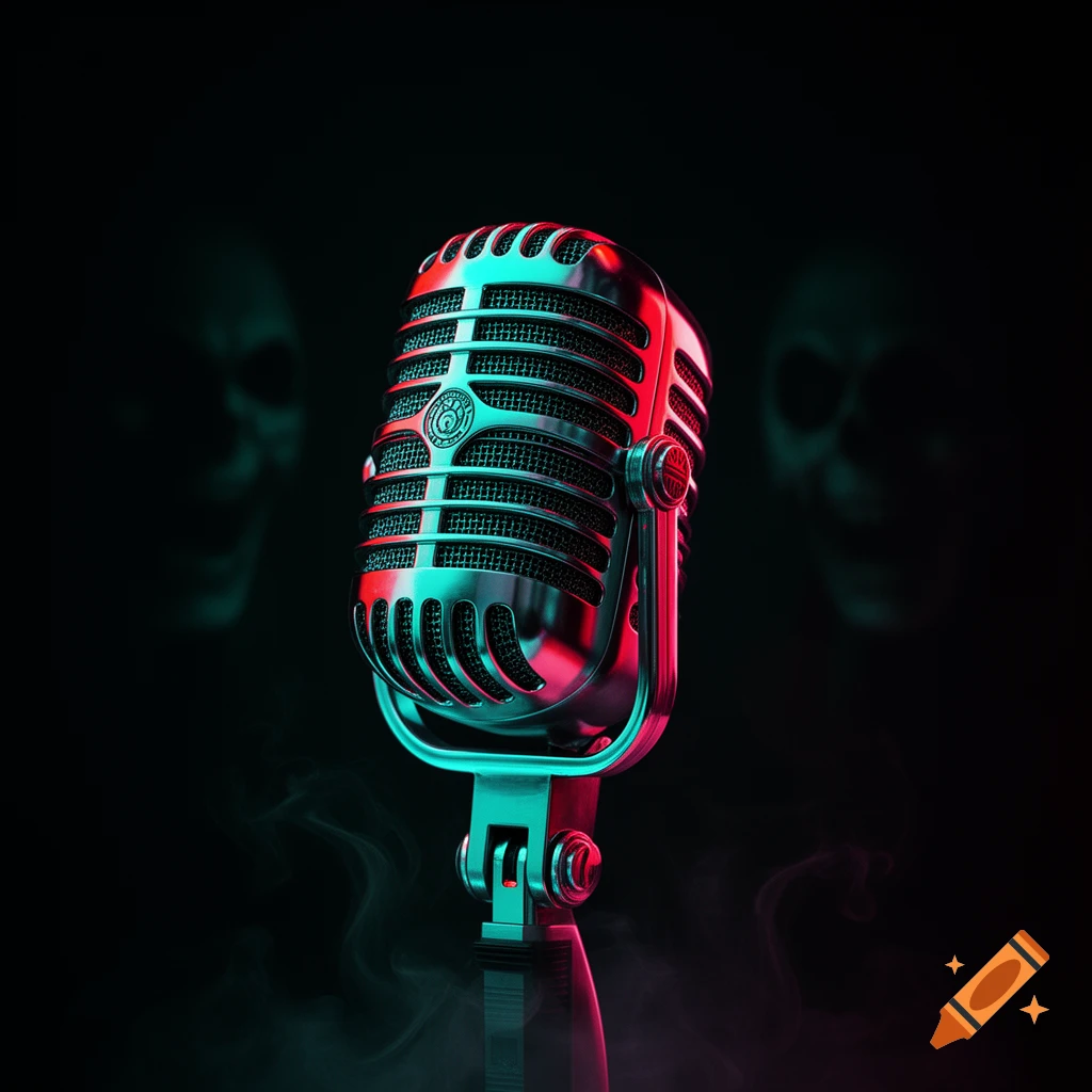 Retro microphone with glowing turquoise and red neon light, against a dark background with subtle horror skull shapes, in synthwave style.