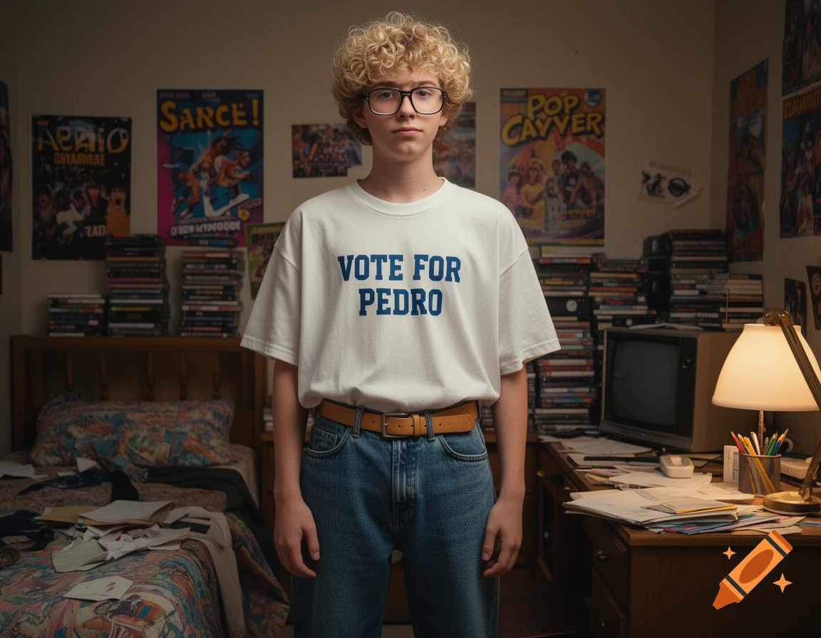 A young male with curly blond hair and glasses, wearing a "VOTE FOR PEDRO" t-shirt, stands in a messy bedroom.