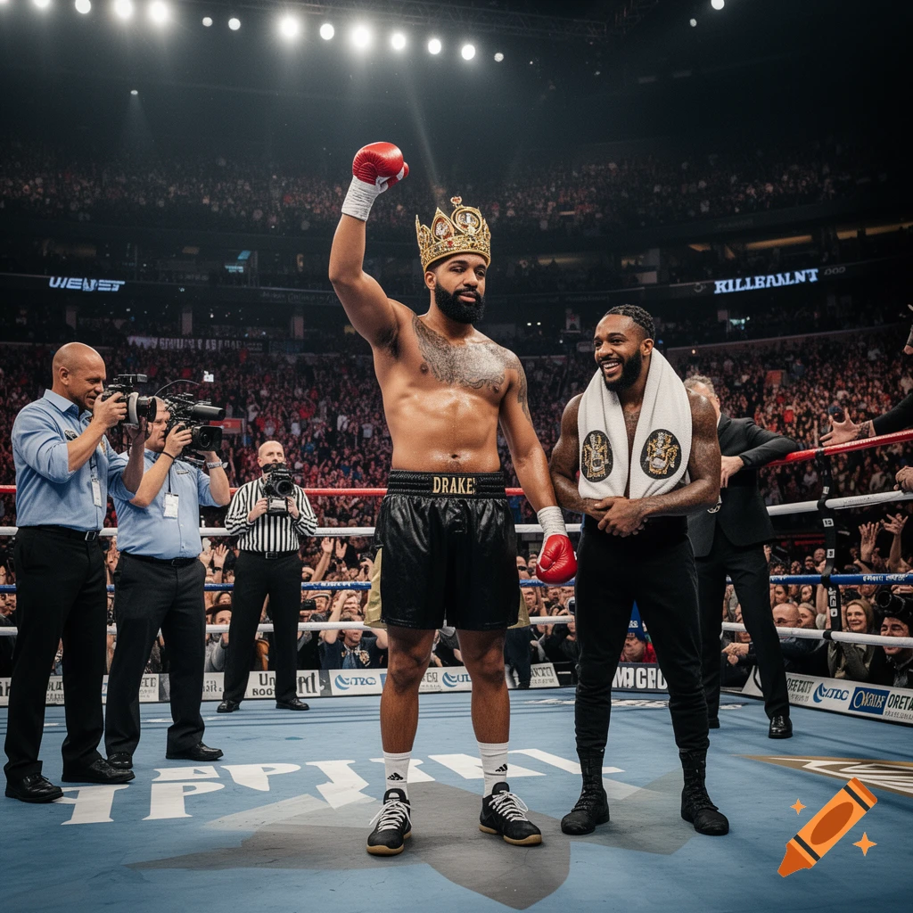 A boxer wearing a crown and black shorts with 'DRAKE' written on them, raises his gloved hand in victory in a crowded boxing arena. Another man stands next to him, smiling.