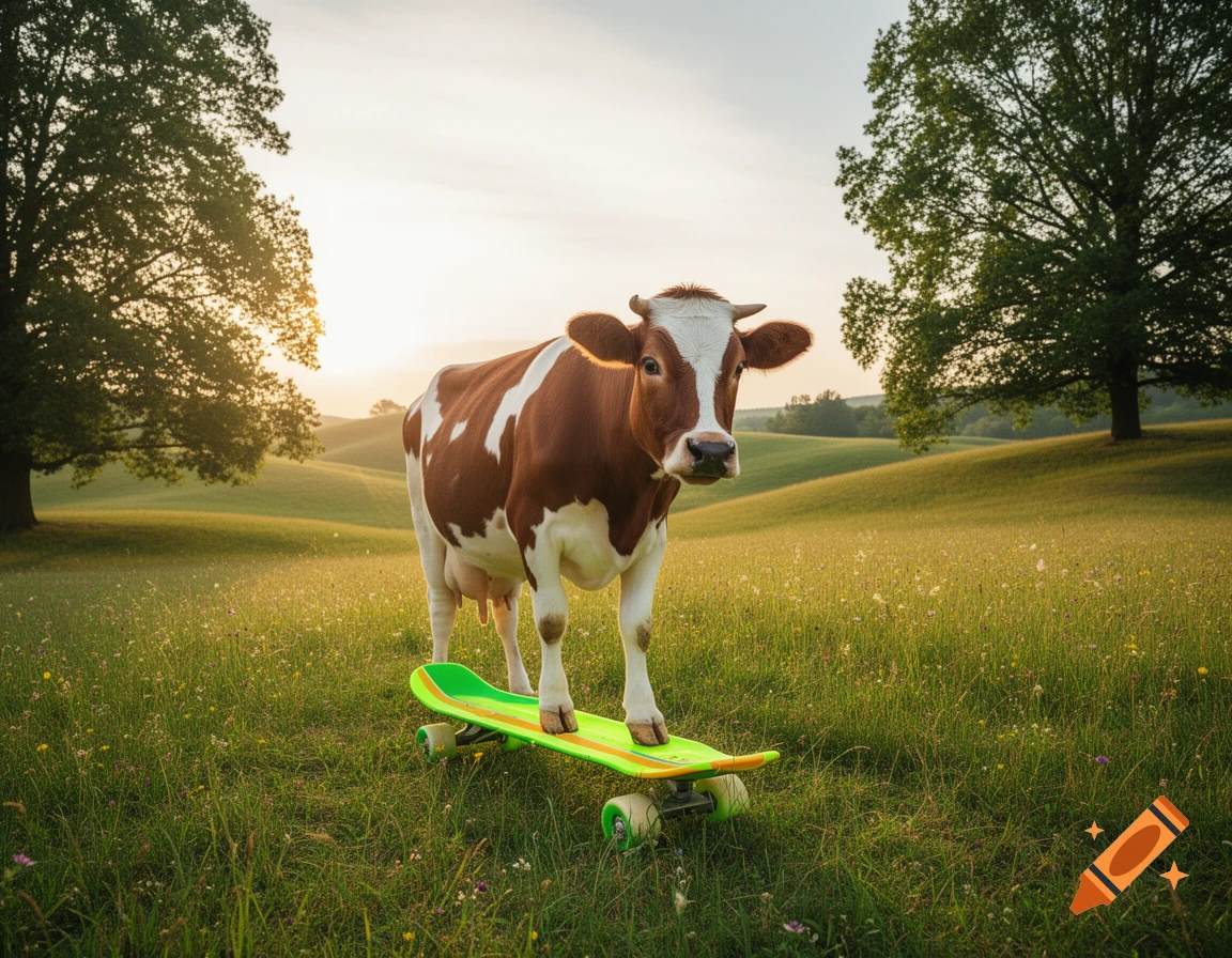 A brown and white cow stands on a green skateboard in a sunny, grassy field with trees in the background, photorealistic style.