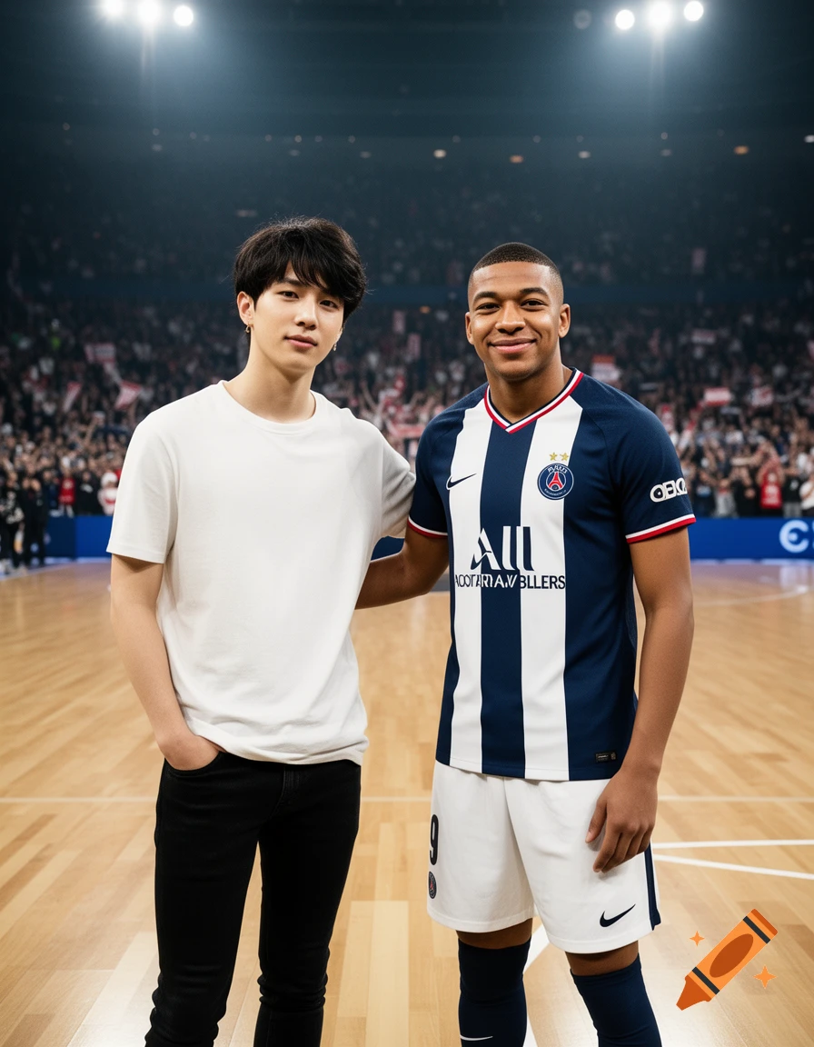 Jungkook of BTS stands next to soccer player Kylian Mbappé, who is wearing a Paris Saint-Germain jersey, on a basketball court.