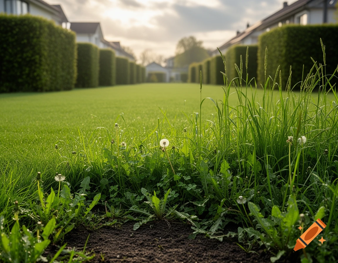 Close-up of tall green grass and weeds with dew drops, bordering a neat lawn and suburban houses under a bright sky.