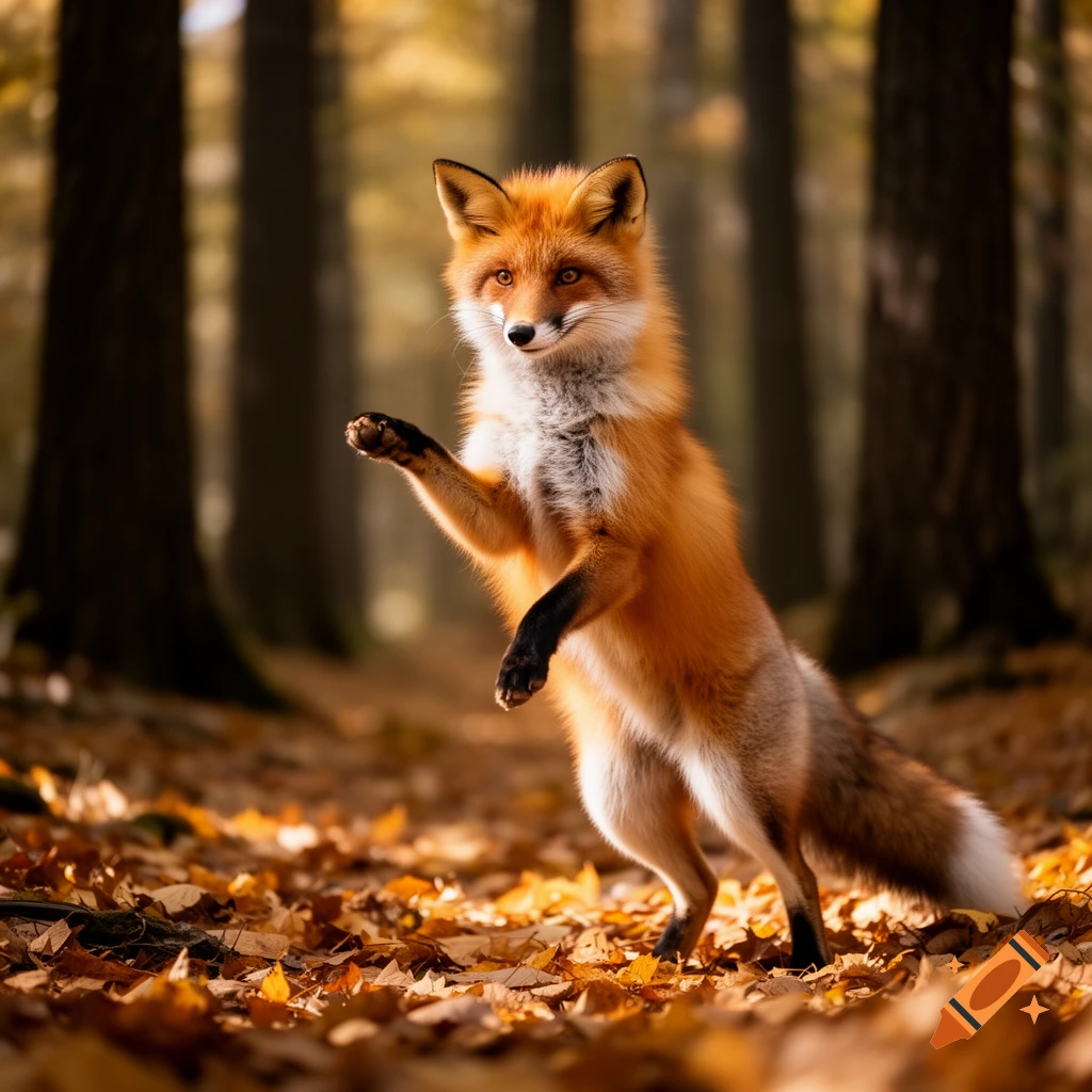 A photorealistic red fox stands on its hind legs with a paw raised in an autumn forest, surrounded by golden leaves.