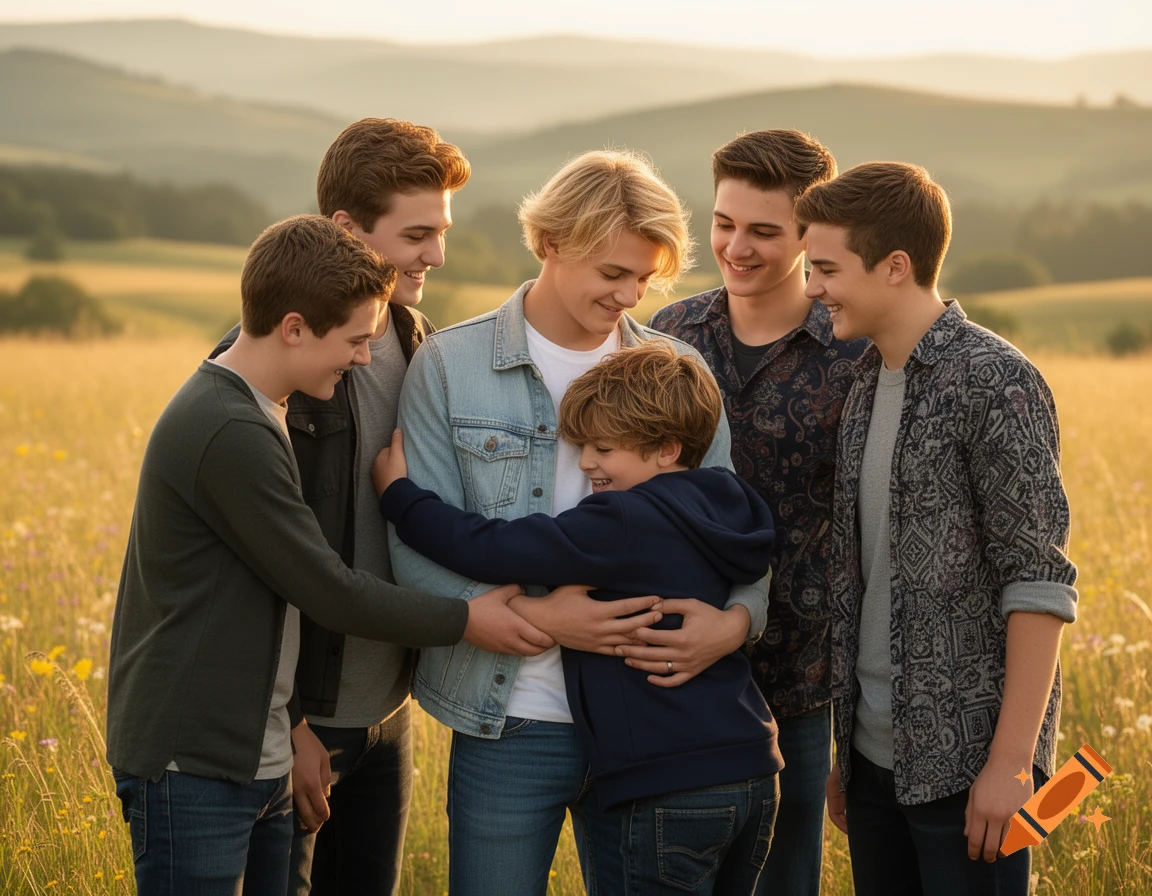 Six brothers, including a young boy hugging a blonde young man, smile together in a sunlit grassy field.