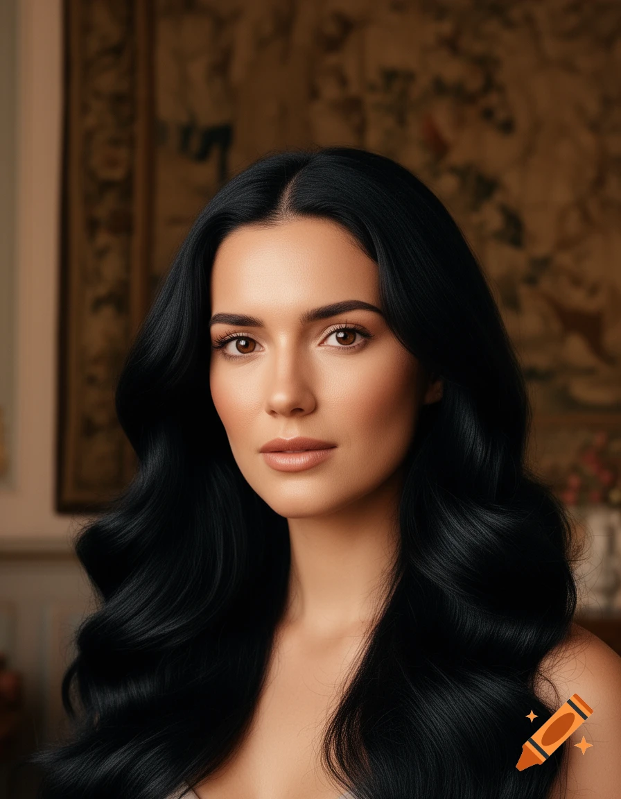 Close-up portrait of a woman with long, wavy black hair and a soft, romantic expression, against a blurred ornate background.