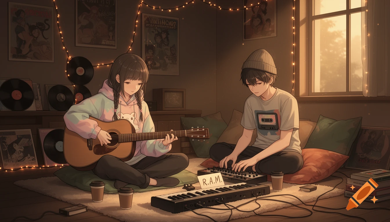 An anime girl plays an acoustic guitar while an anime boy plays a keyboard in a cozy room decorated with string lights, vinyl records, and posters.