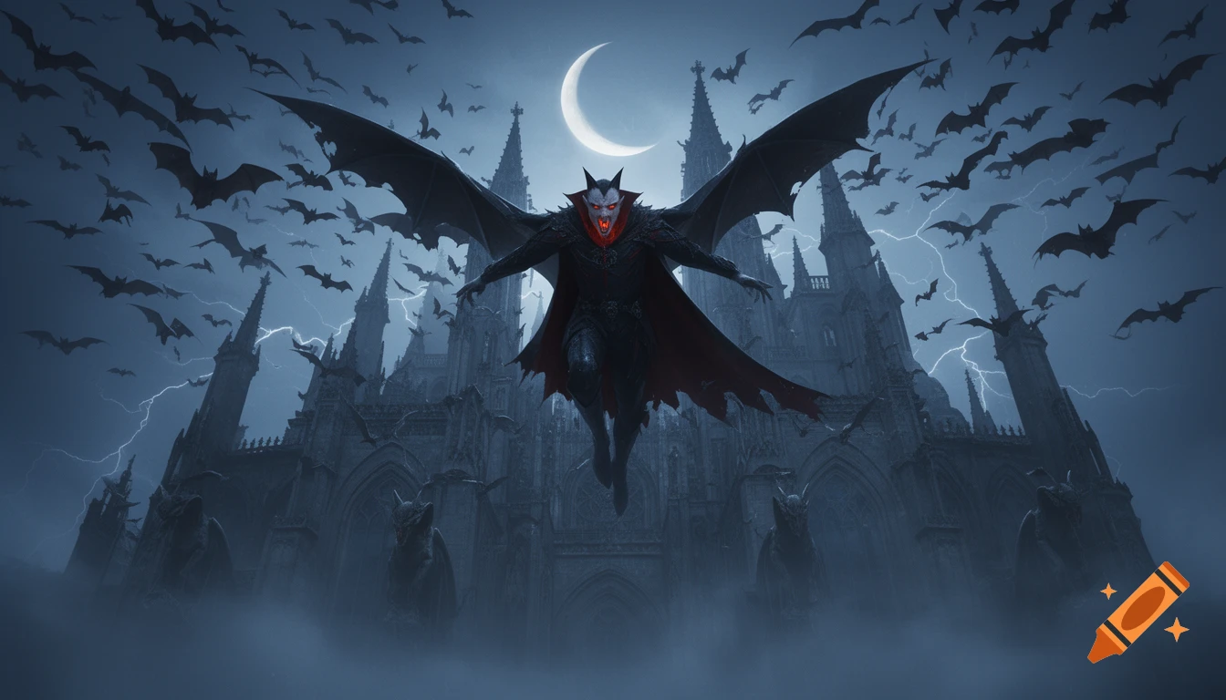 A winged vampire with glowing red eyes hovers before a gothic castle, surrounded by a swarm of bats under a crescent moon and stormy sky.
