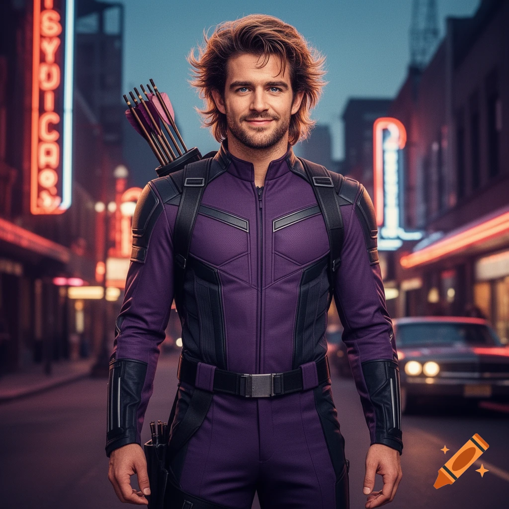 A man in a purple Hawkeye costume with a quiver stands smiling on a neon-lit city street.