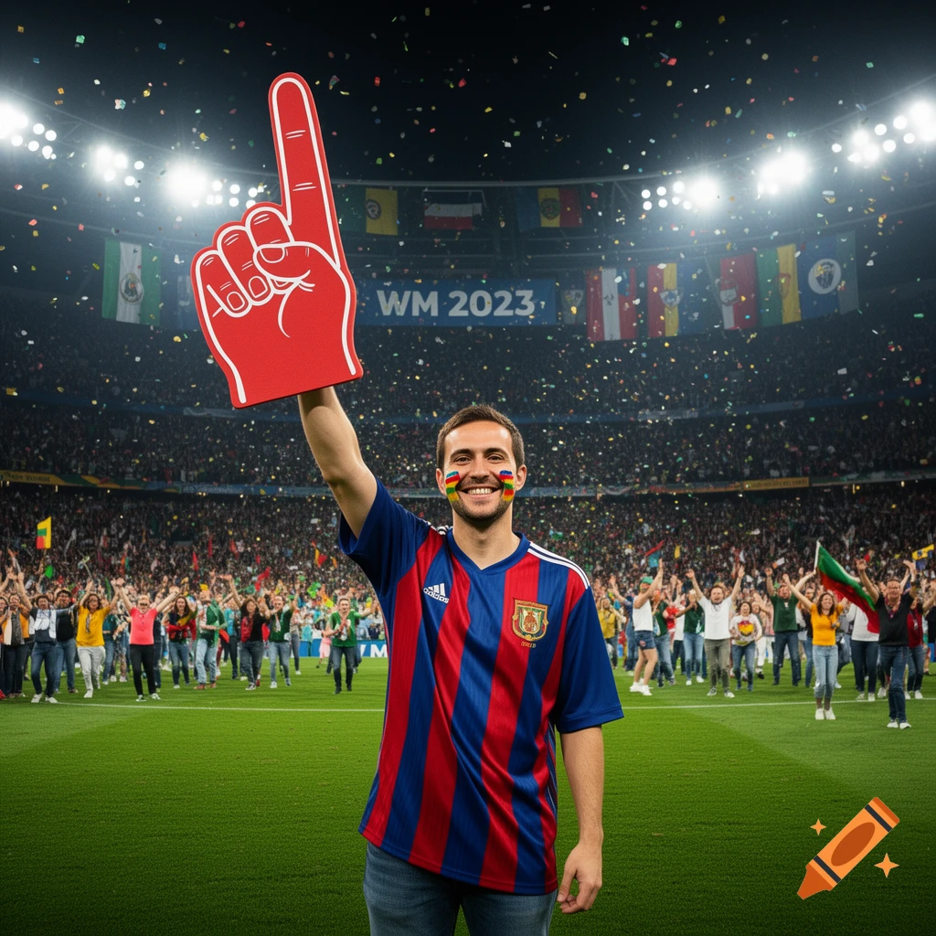 A man in a striped soccer jersey and rainbow face paint holds a foam finger in a stadium full of cheering fans and confetti, with a banner that says 'WM 2023'.