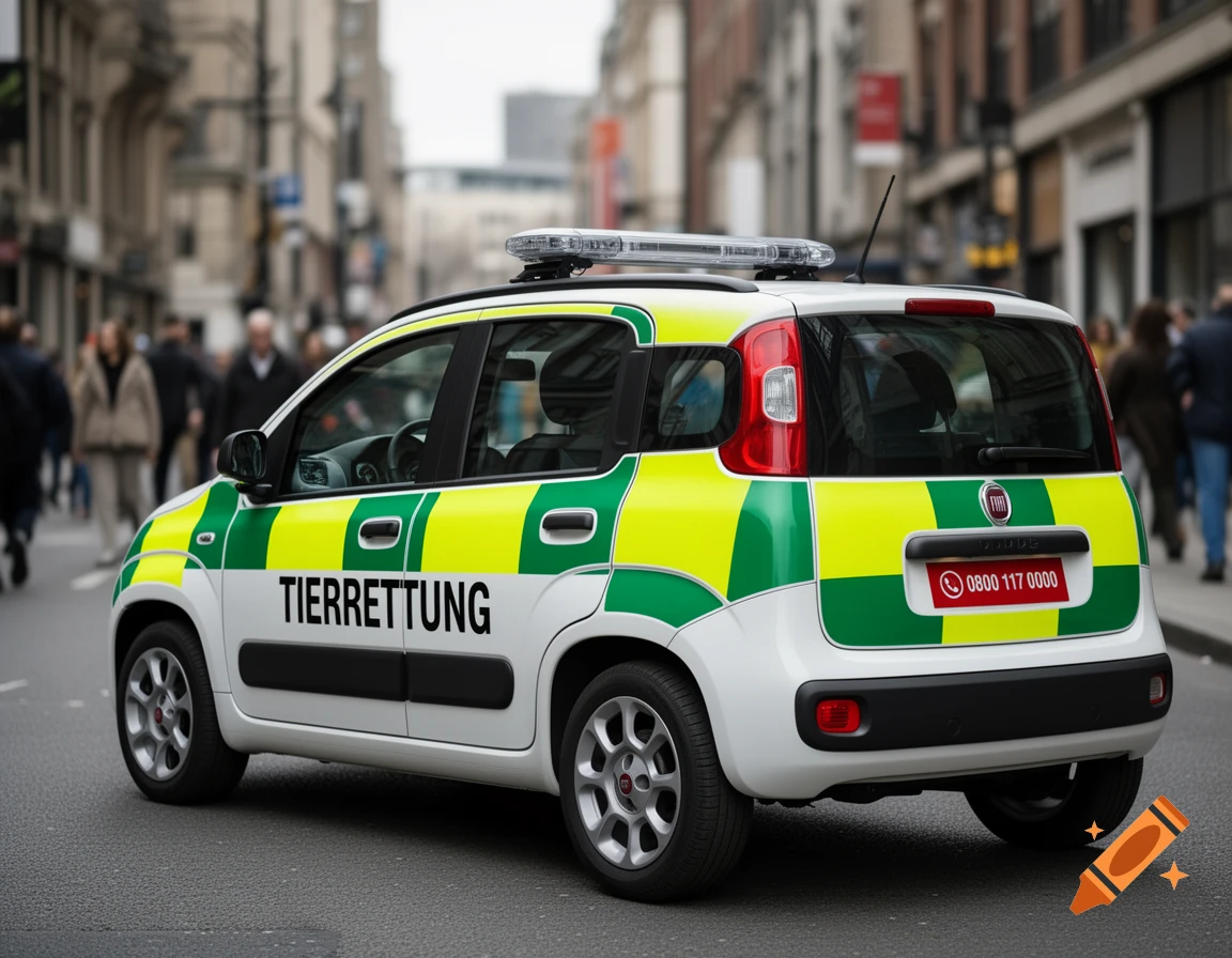 A white Fiat Pandina animal rescue car with yellow and green Battenberg markings, 'TIERRETTUNG' text, and a phone number on a city street.
