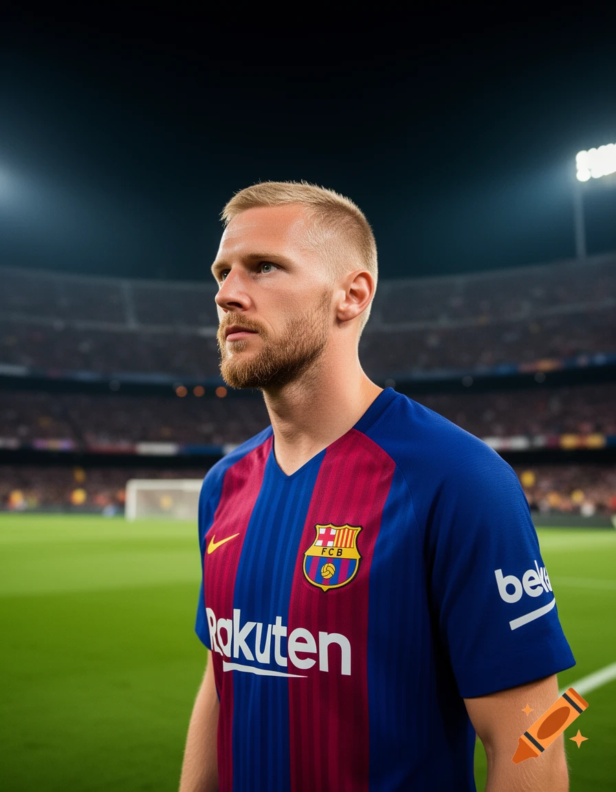 A light-haired male soccer player in a Barcelona jersey stands on a floodlit football field, looking to the side.