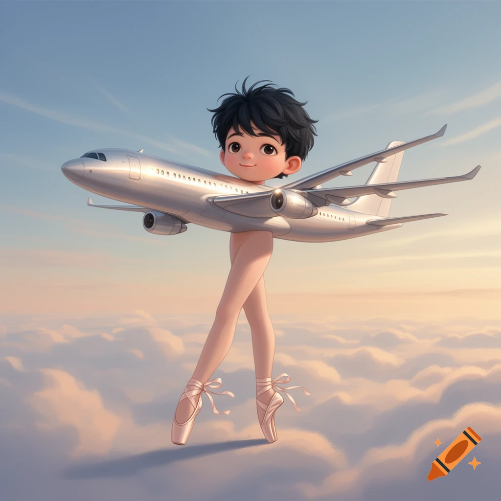 A whimsical cartoon airplane with a boy's head and ballerina legs stands en pointe above clouds in a blue sky.