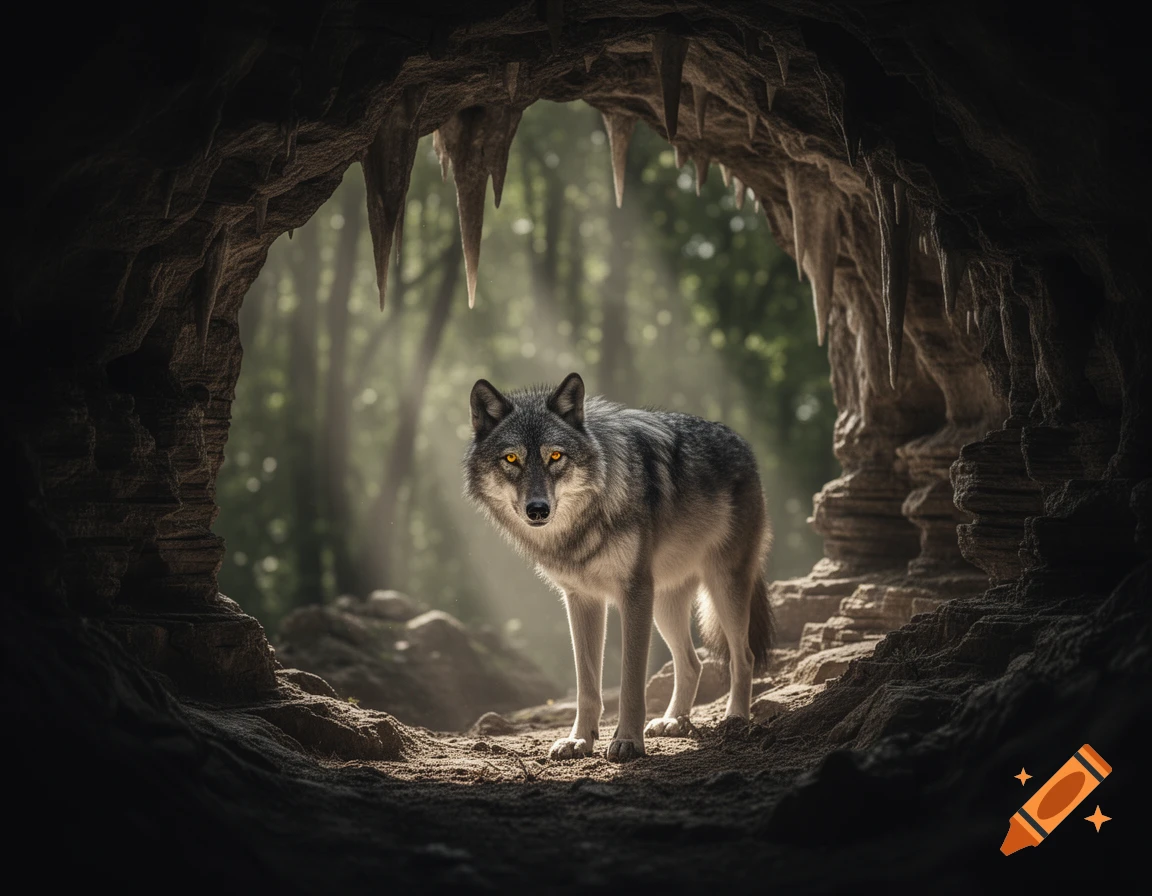 A photorealistic wolf with glowing yellow eyes stands inside a dark cave entrance, looking out towards a bright, sunlit forest.