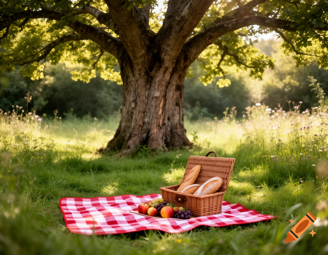 A red and white checkered picnic blanket with a basket of bread, apples, and grapes sits on green grass under a large tree, bathed in sunlight.