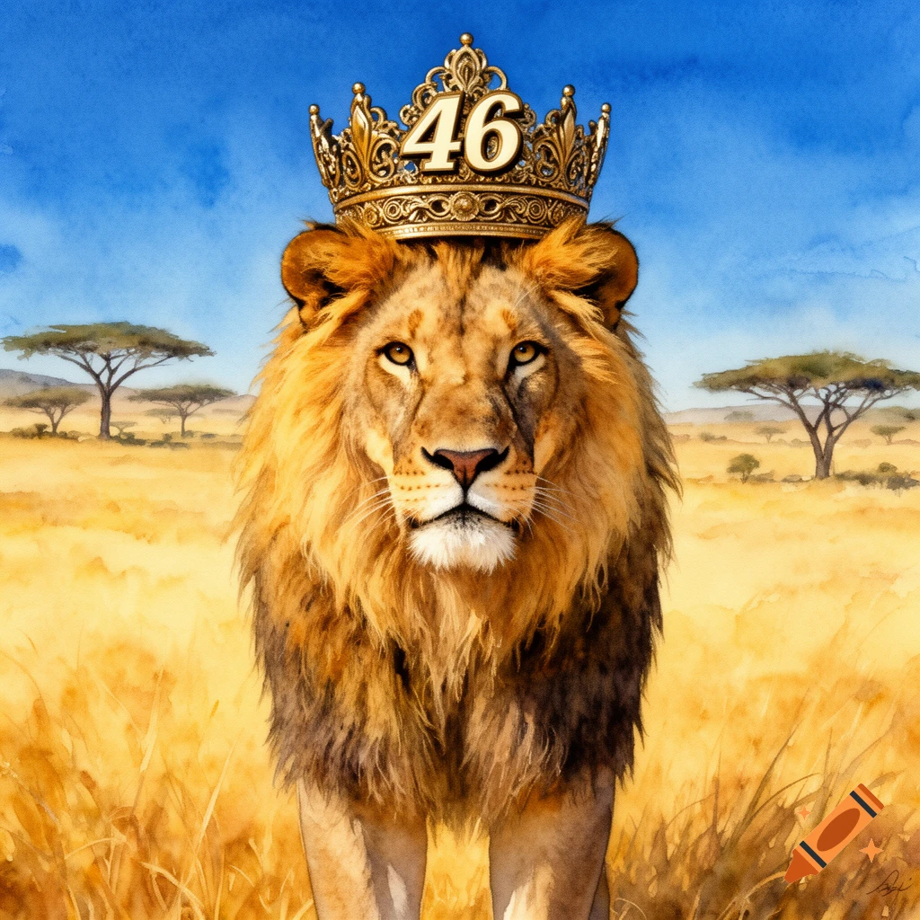 A watercolor painting of a majestic lion wearing a golden crown with the number 46, standing in a sunny savanna.