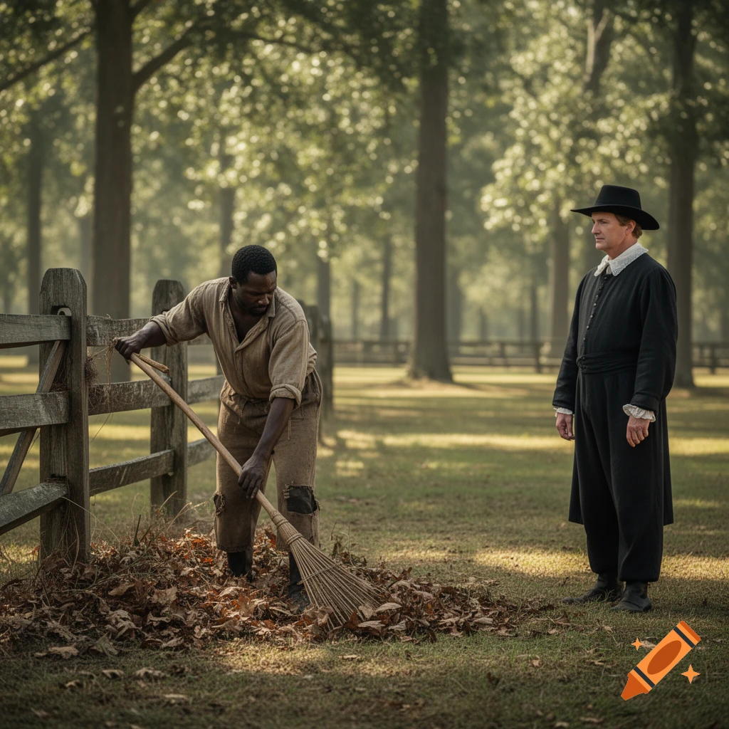 A Black man in work clothes rakes leaves beside a wooden fence, observed by a white man in pilgrim attire in a sunlit, grassy field.