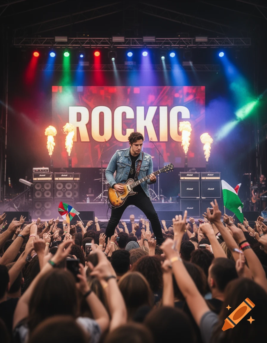 A guitarist performs on stage at a rock concert, facing a cheering crowd. The stage screen displays 'ROCKIG' with flame effects.