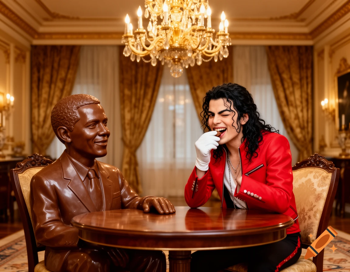 A person resembling Michael Jackson winks while eating a piece from a chocolate bust of Barack Obama in an opulent room.