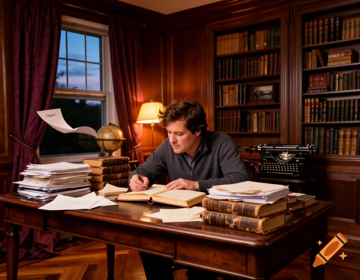 A man writing in a book at a desk in a wood-paneled study with bookshelves and a typewriter. A 'Chapter 1' page floats in the air.