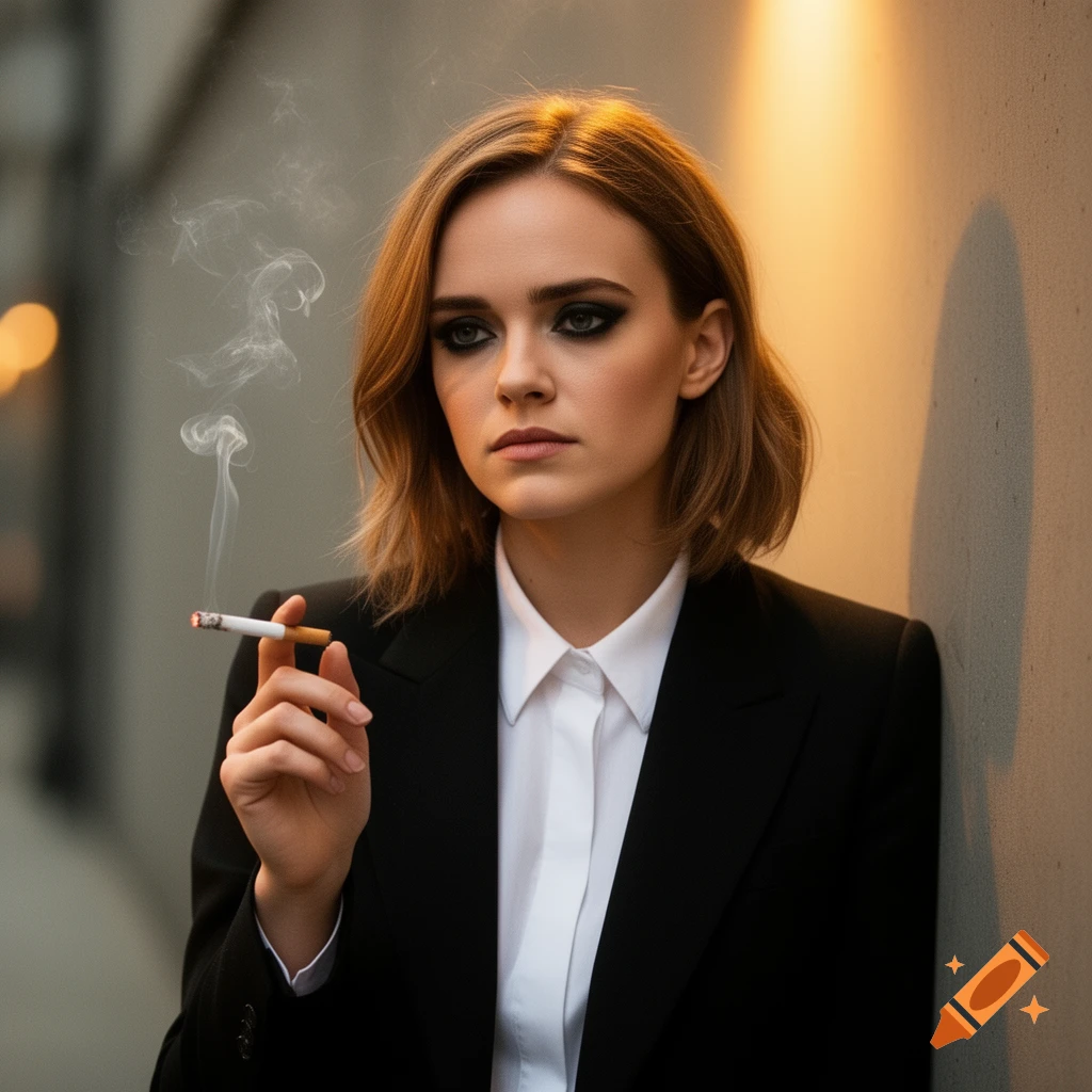 A woman with dark eye makeup and a black suit jacket holds a lit cigarette, smoke rising.
