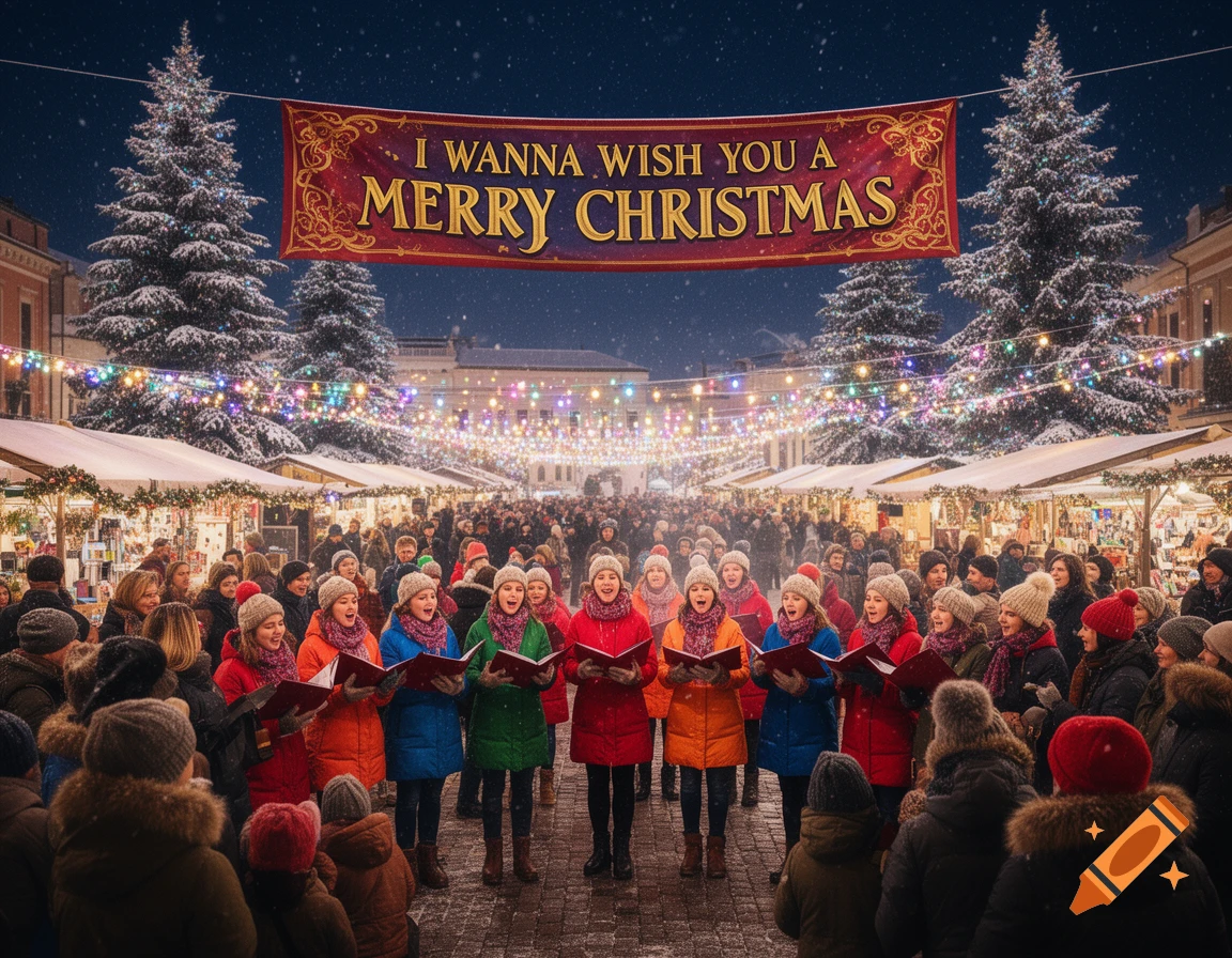 A choir sings carols in a bustling, snowy outdoor Christmas market at night, under a banner reading 'I WANNA WISH YOU A MERRY CHRISTMAS'.