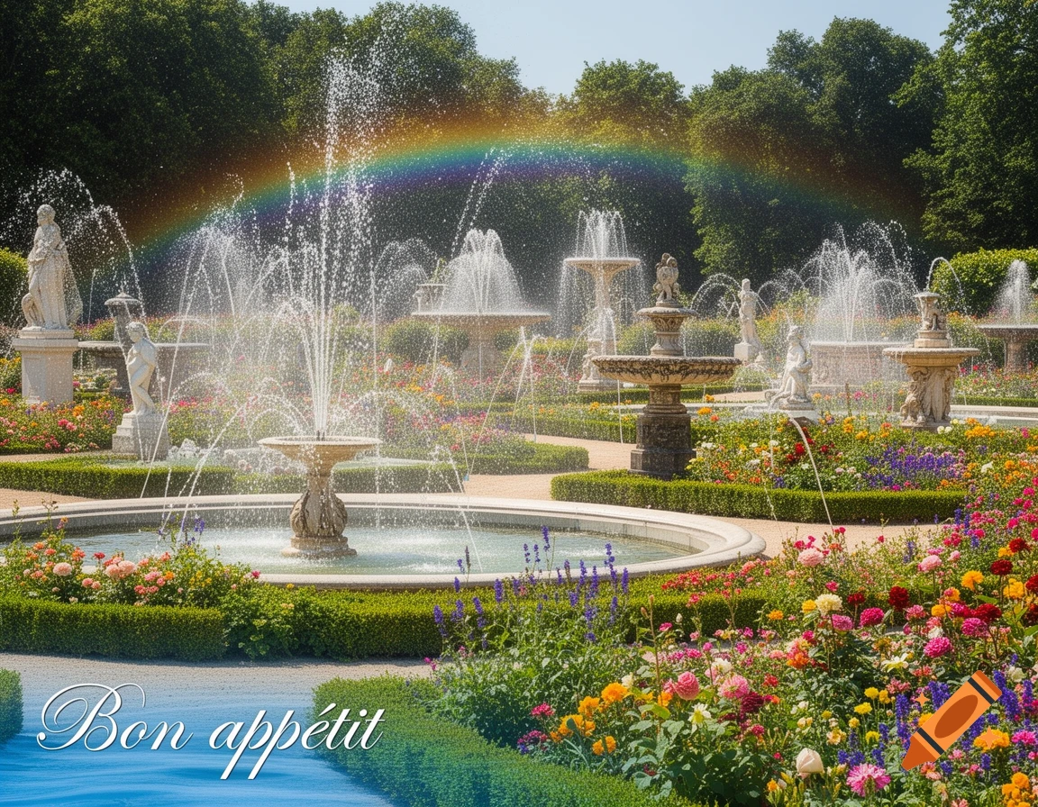 A picturesque garden with multiple ornate fountains, colorful flowers, a rainbow overhead, and 'Bon appétit' written in cursive.