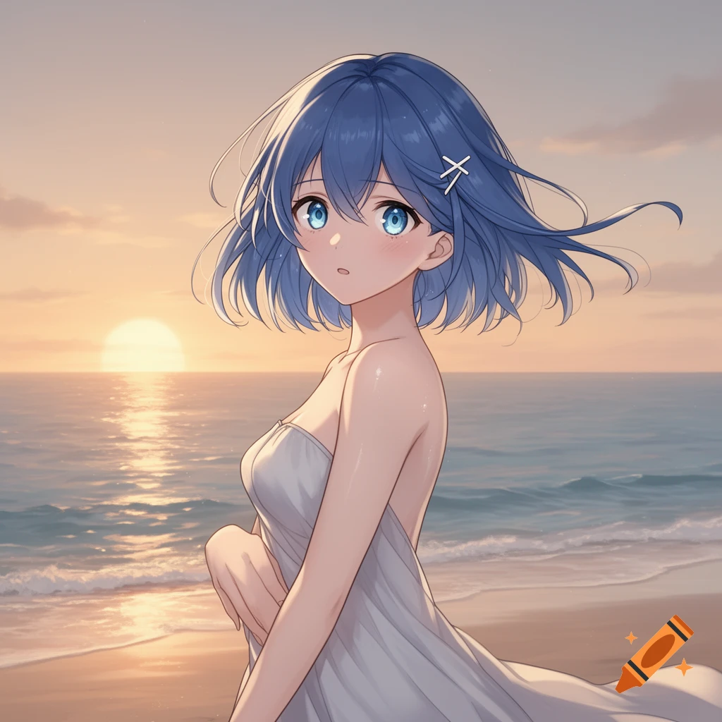 Anime girl with blue hair in a white dress on a beach during sunset.