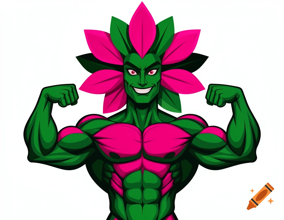 A muscular anthropomorphic flower character with green skin, magenta petals, and red eyes, flexing with a wide smile.
