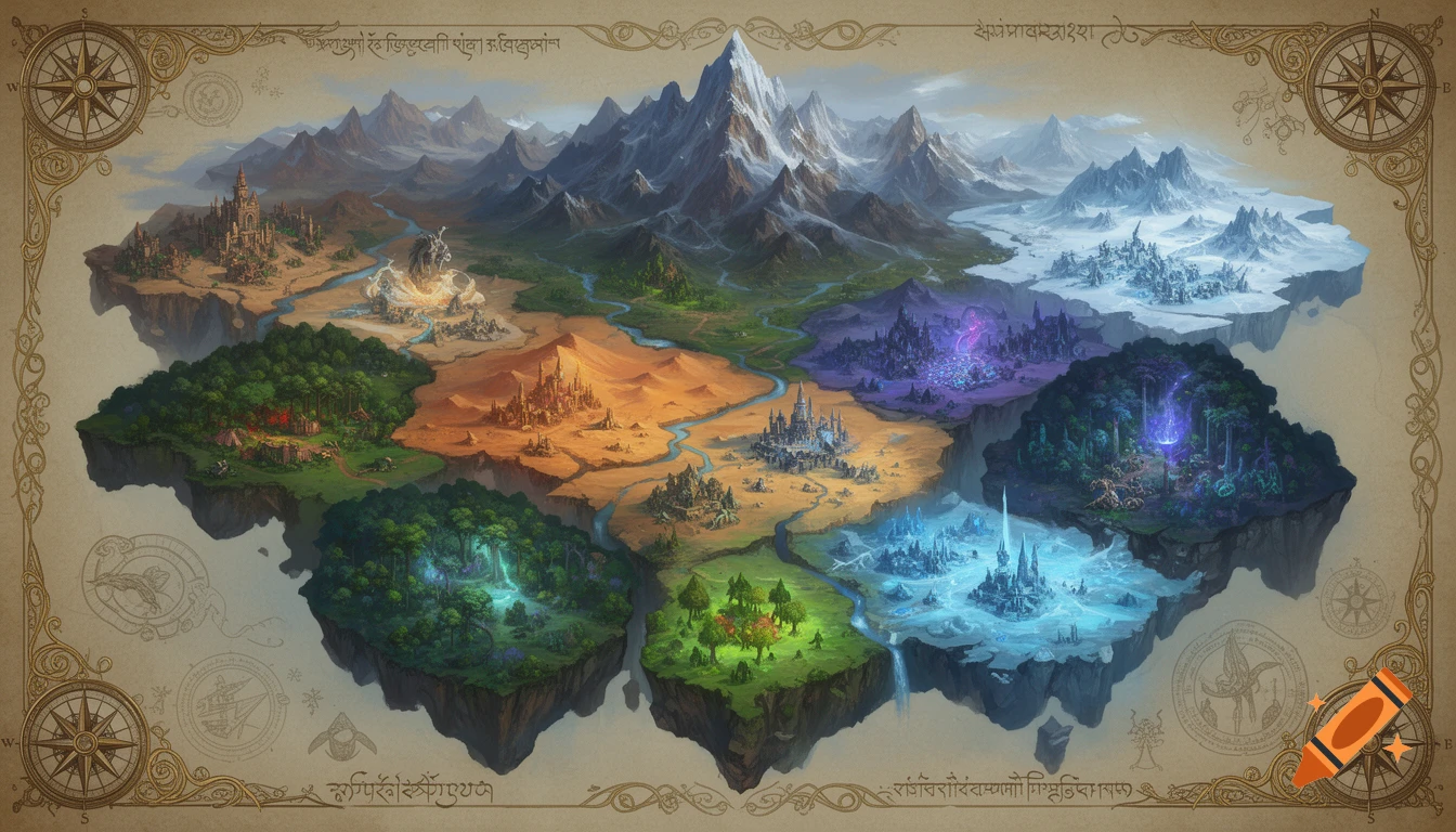 A detailed fantasy world map depicting various floating landmasses with different biomes, castles, and glowing magical cities, framed by ornate borders and compass roses.
