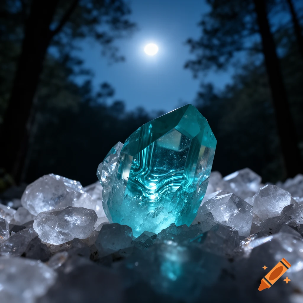 A glowing turquoise crystal rests among smaller clear crystals in a dark forest, illuminated by a full moon. Photorealistic style.