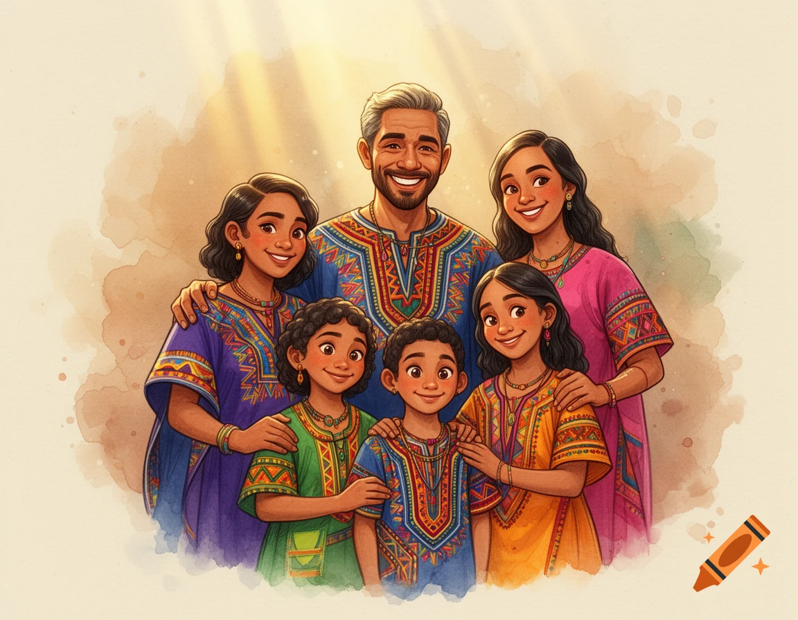 Smiling family of five in vibrant, patterned ethnic clothing, rendered in a warm watercolor illustration style.