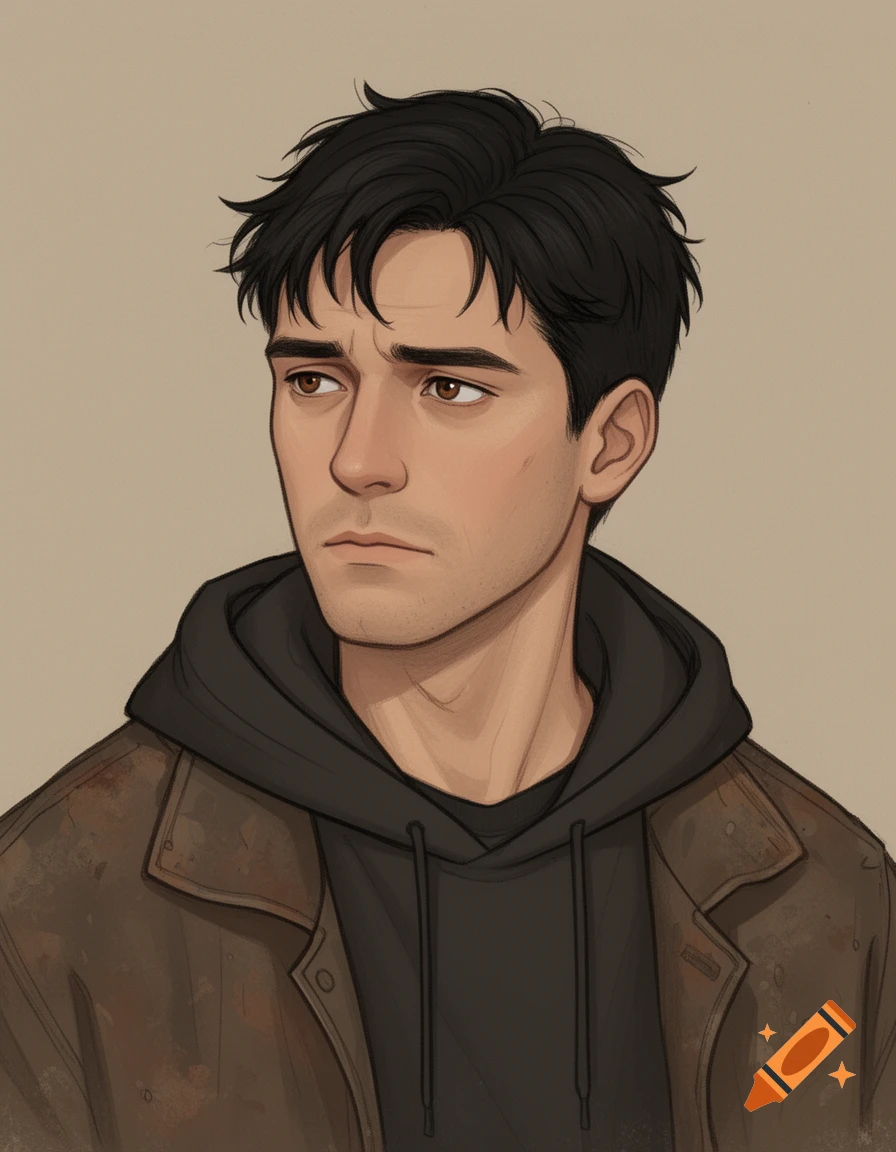 A semi-realistic digital drawing of a man with dark hair, brown eyes, and a neutral expression, wearing a hoodie and jacket.