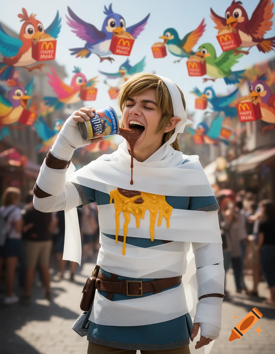Link, wrapped in white bandages, messily pours bean dip into his open mouth, while yellow cheese drips down his chest. Cartoon birds holding Happy Meal boxes fly in the background above a busy street.