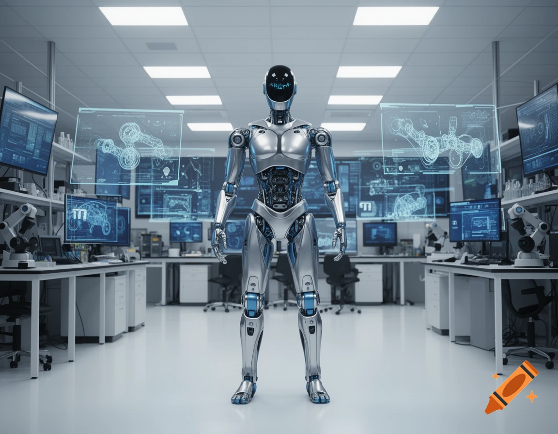 A silver and black humanoid robot stands in a modern, brightly lit science laboratory with holographic displays and computer monitors showing technical data.