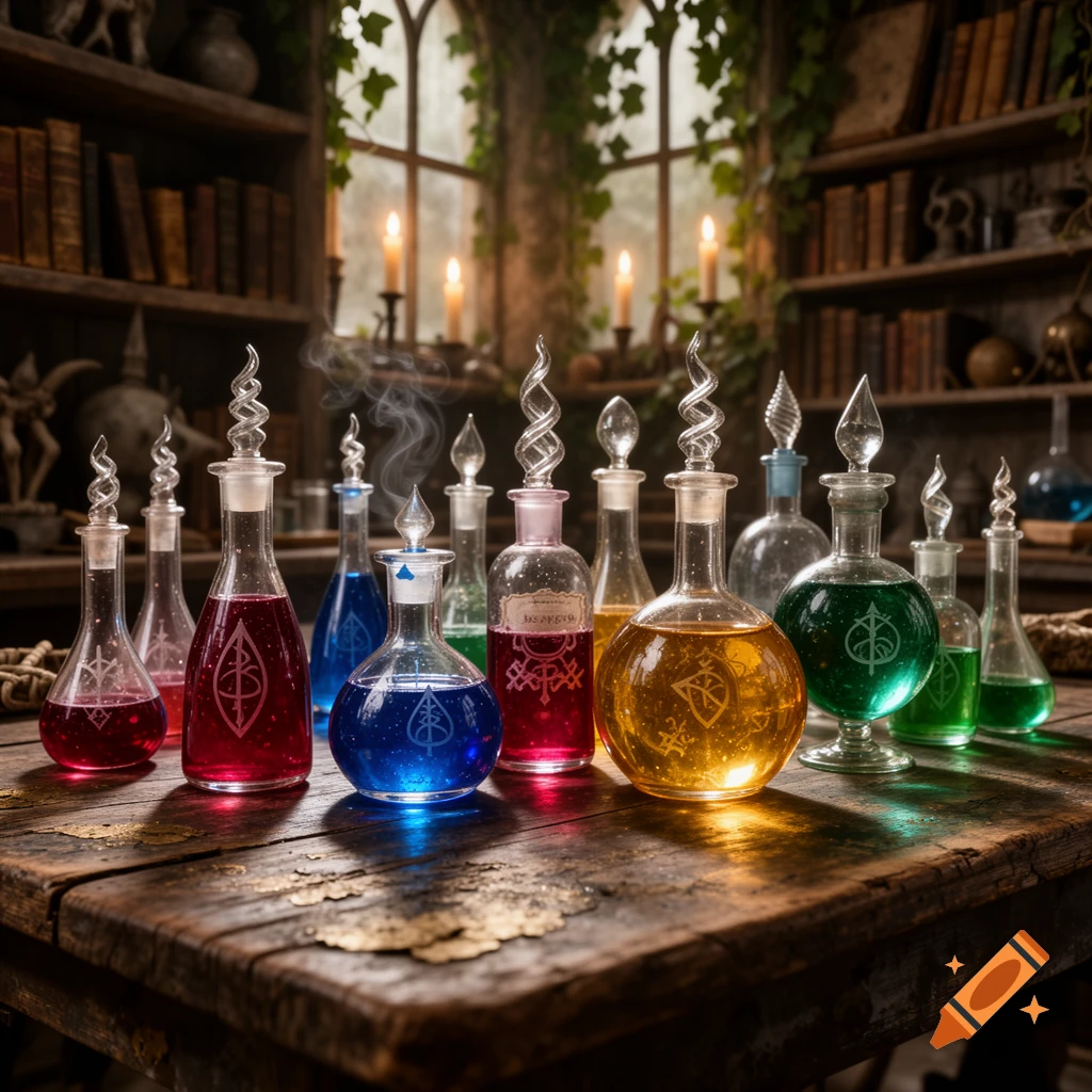 A collection of colorful glowing potions in various glass bottles and flasks on a wooden table in an old, mystical room with bookshelves and ivy-covered windows.