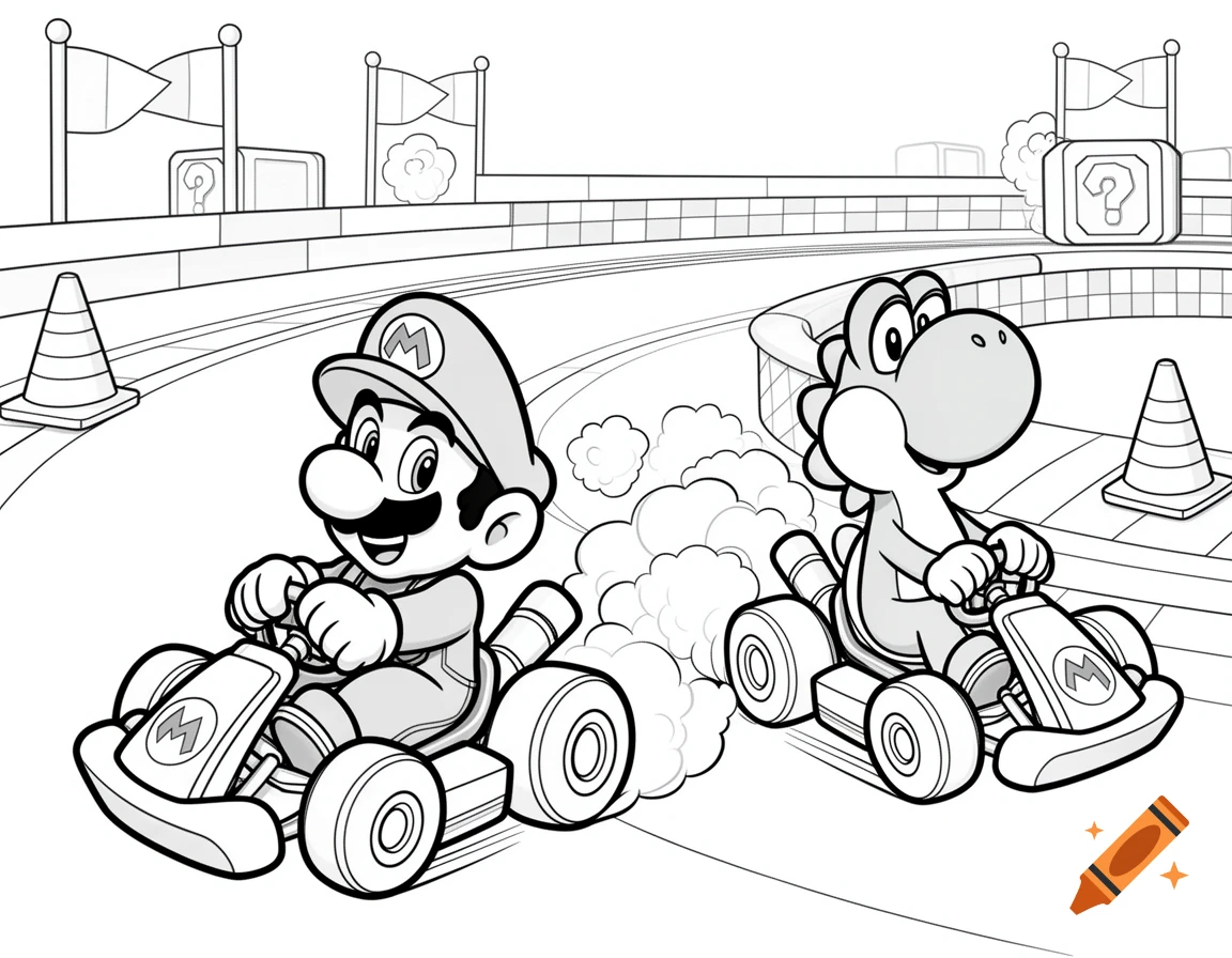 Line drawing of Mario and Yoshi racing go-karts on a track, with flags and an item box in the background, ready to be colored.