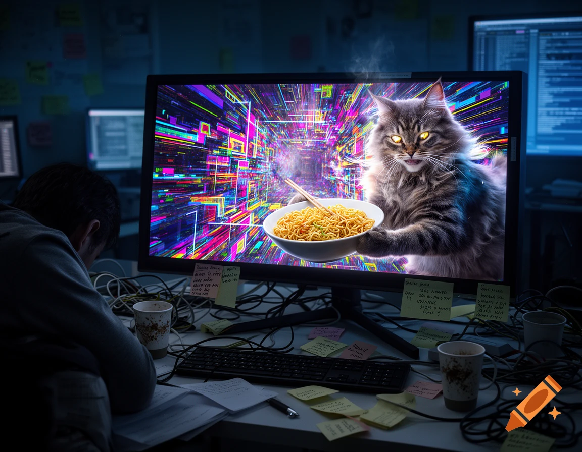 A person slumped at a messy desk with wires, coffee cups, and sticky notes, staring at a monitor displaying a cat holding ramen noodles in a colorful glitch-art portal.