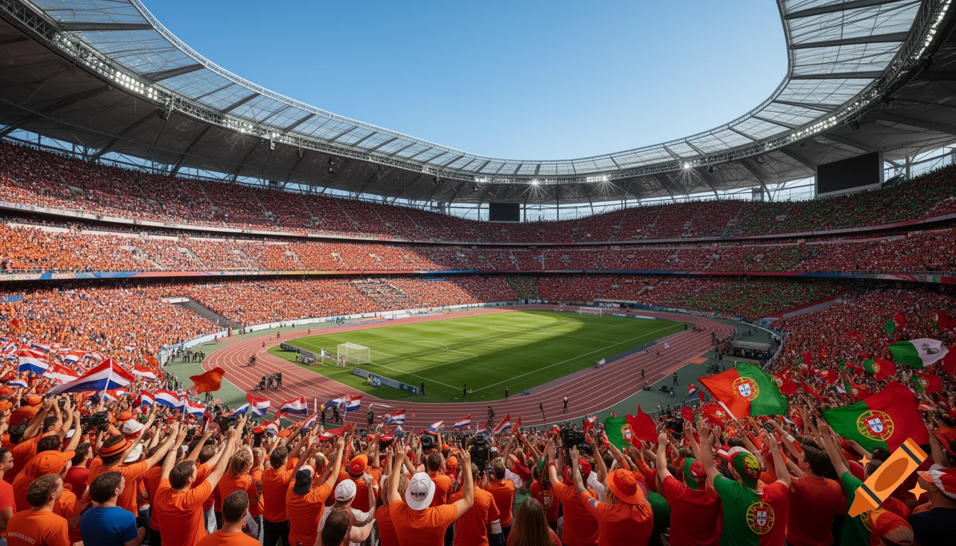 An aerial wide shot of a massive, sunlit Olympic stadium packed with thousands of fans, half wearing orange and waving Dutch flags, and the other half wearing red and green, waving Portuguese flags. A green soccer field is in the center with a running track around it.