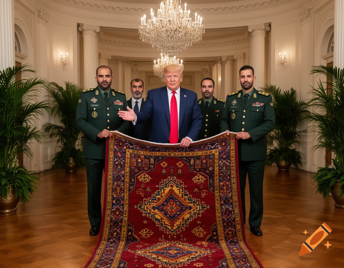 Donald Trump and four men in military uniforms present a detailed Persian rug in a grand, ornate room with chandeliers.