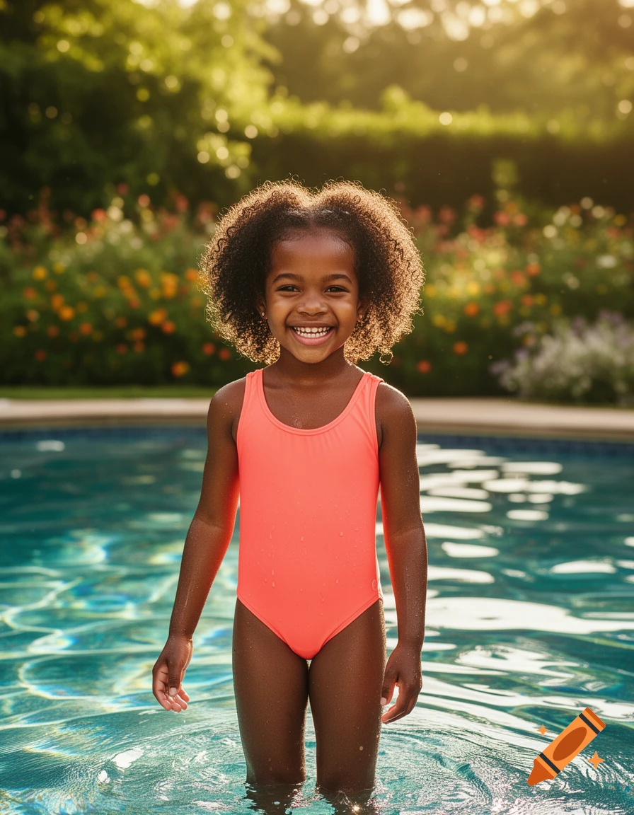 A smiling young Black girl with curly hair in a coral swimsuit stands in a swimming pool with a lush garden in the background.